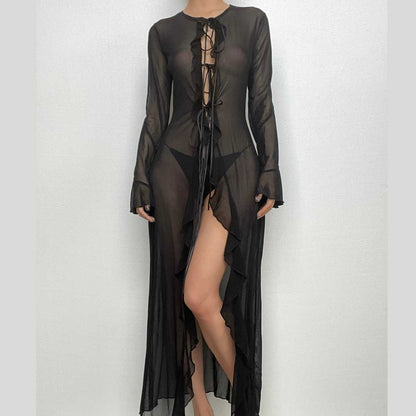 Flared Sleeve Ruffle Sheer Mesh See Through Self Tie Maxi Dress