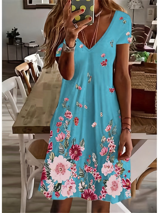 「binfenxie」Floral Print Short Sleeve Dress, V Neck Casual Dress For Summer & Spring, Women's Clothing