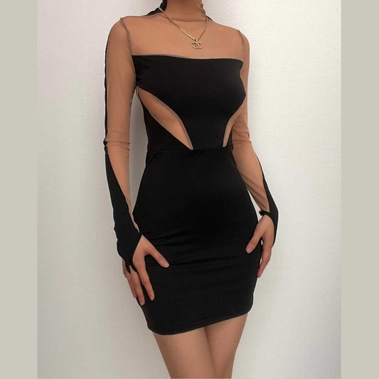 Mesh Patchwork Contrast Gloves High Neck Mini Dress