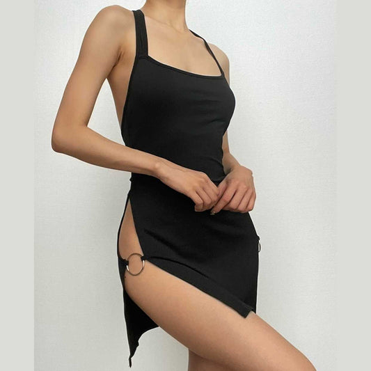 Halter Slit O Ring Solid Backless Mini Dress