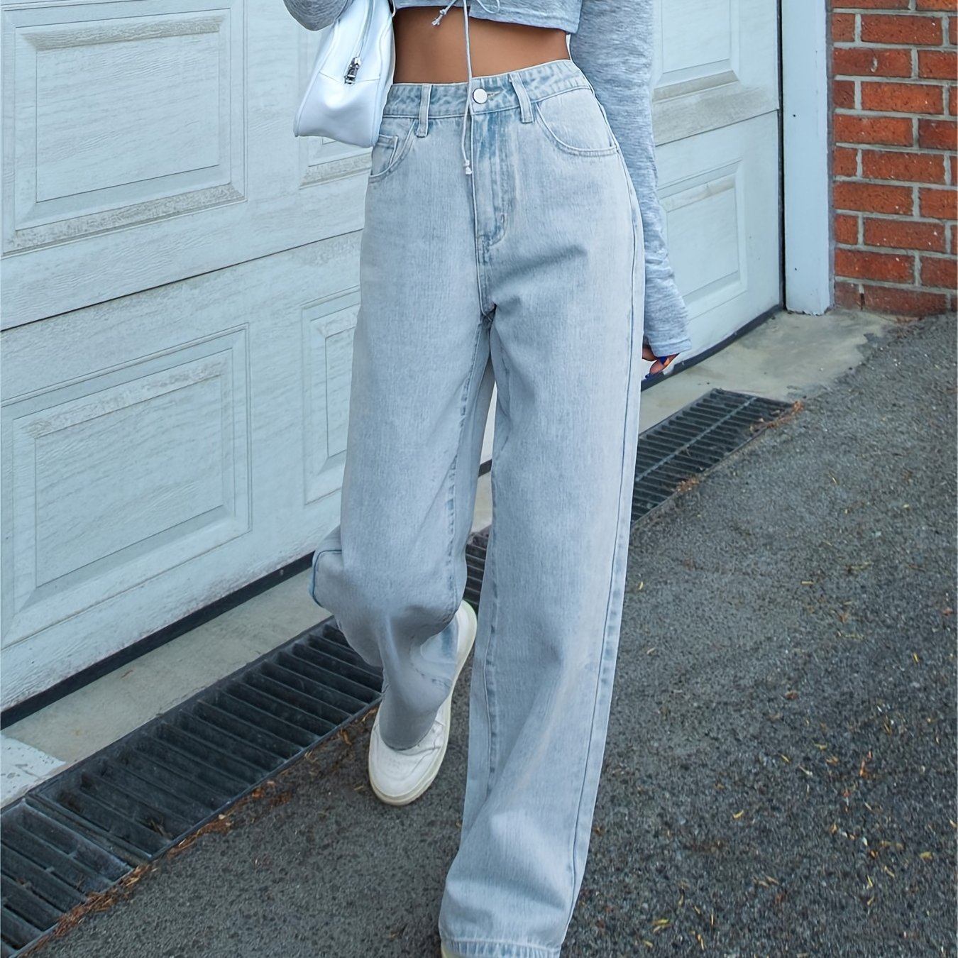 「binfenxie」Light Blue Loose Fit Straight Jeans, Slash Pockets Non-Stretch Baggy Denim Pants, Women's Denim Jeans & Clothing