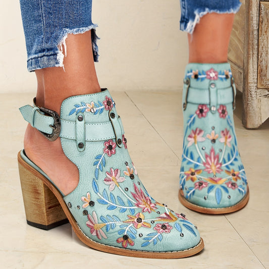 「binfenxie」Women's Embroidered & Studded Decor Chunky Heeled Boots, Slingback Faux Leather Ankle Boots, Women's Footwear