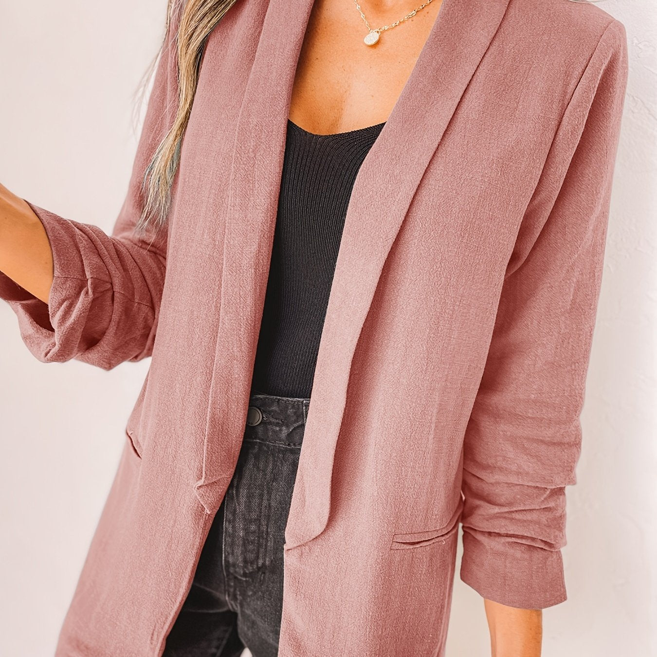 「binfenxie」Solid Lapel Blazer Jacket, Casual Long Sleeve Office Work Outerwear, Women's Clothing