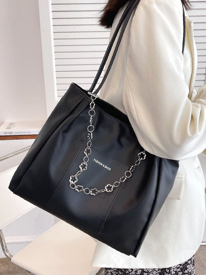 binfenxie - Letter Graphic Two Tone Chain Decor Shoulder Tote Bag  - Women Tote Bags