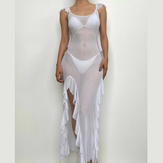 Sheer Mesh See Through Backless Ruffle Slit Cap Sleeve Maxi Dress