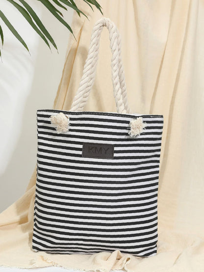 binfenxie - Striped Pattern Patch Decor Shoulder Tote Bag  - Women Tote Bags