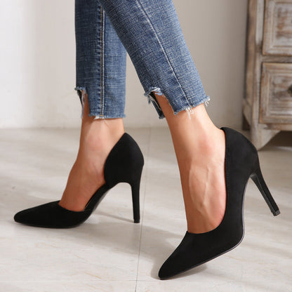 Women Black Suede Pointed Toe High Heels Cut Out Stiletto High Heel Pumps