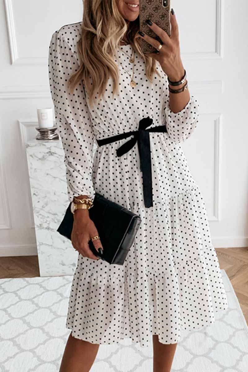 binfenxie - Elegant White Black Dot Print Round Neck Tie Midi Dress