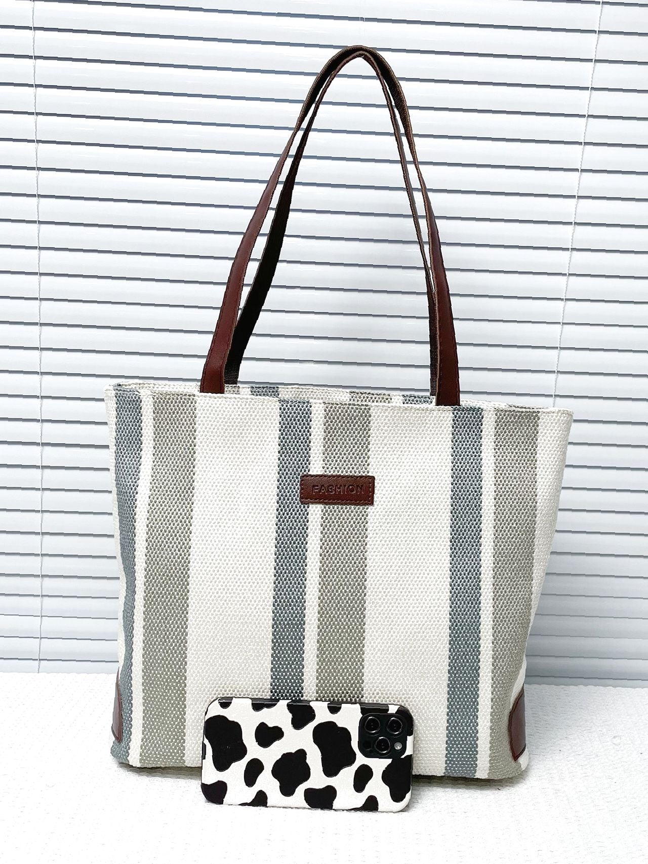 binfenxie - Striped Pattern Letter Patch Shoulder Tote Bag  - Women Tote Bags