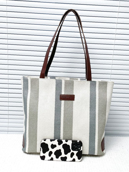 binfenxie - Striped Pattern Letter Patch Shoulder Tote Bag  - Women Tote Bags