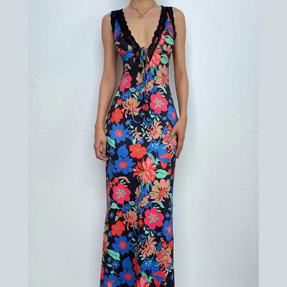 Lace Hem Sleeveless V Neck Flower Print Contrast Maxi Dress