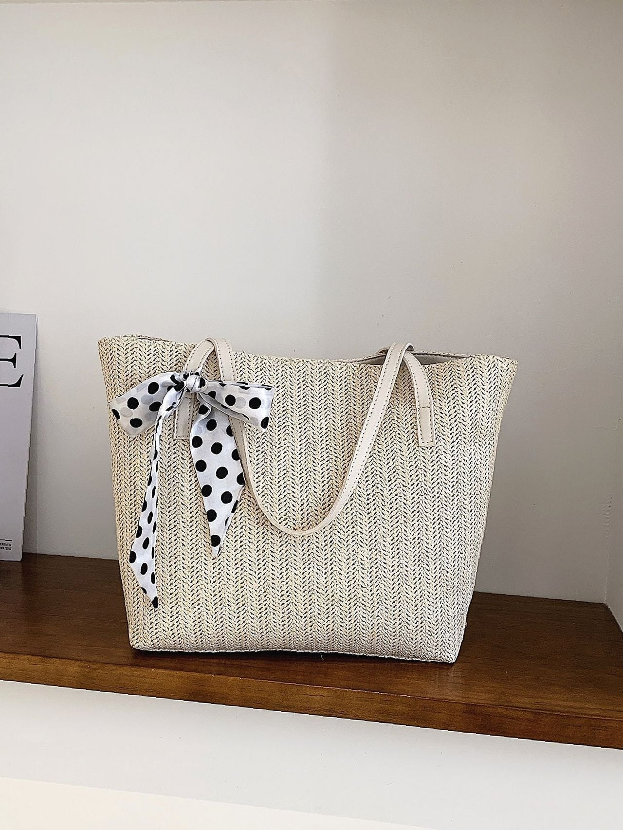 binfenxie - Polka Dot Bow Decor Straw Bag  - Women Tote Bags