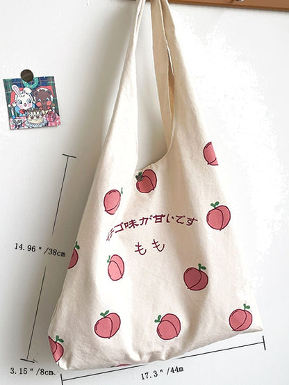 binfenxie - Japanese Letter & Peach Graphic Shopper Bag  - Women Tote Bags