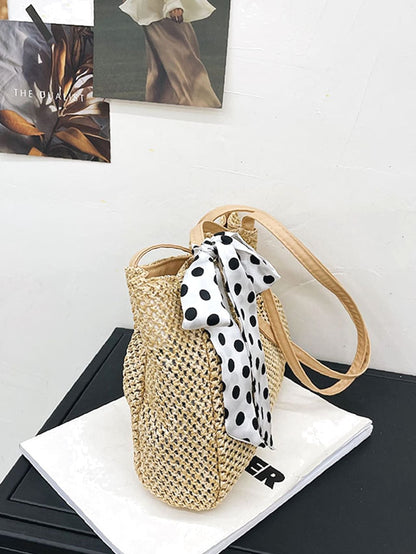 binfenxie - Polka Dot Bow Decor Straw Bag  - Women Tote Bags