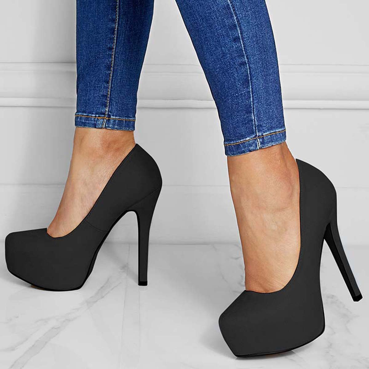 Suede Round Toe Platform Stilettos Slip on High Heel Pumps