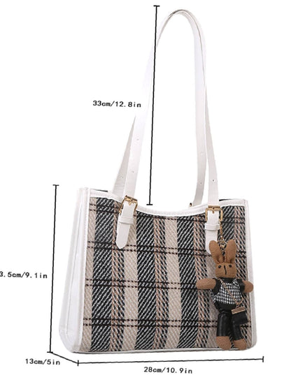 binfenxie - Plaid Pattern Shoulder Tote Bag with Cartoon Bag Charm  - Women Tote Bags