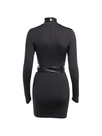 Leather Splice Long Sleeve Bodycon Mini Dress