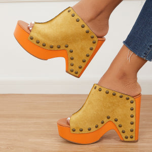 Women Party Chunky Heel Platform Retro Rivets Western Style Block Heel Sandals