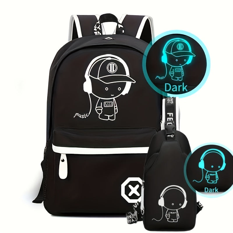 2PCS/Set - Stylish Casual Travel Backpack & Cartoon Crossbody Bag Set - Spacious, Versatile Design for Students & Explorers