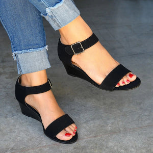 Women's Black Ankle Sandals Strap Buckle Low Wedge Block Sandals