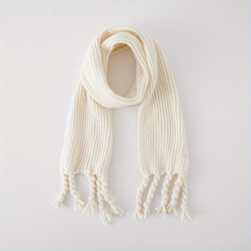 1pc Children's Winter Knitted Warm Tassel Plain Color Color Scarf With Cloth Label