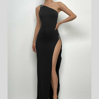 Buckle One Shoulder Slit Irregular Solid Maxi Dress