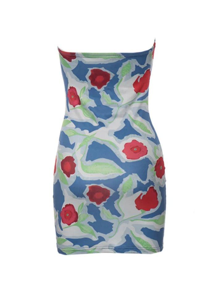 Vintage Floral Print Backless Bandeau Mini Dress