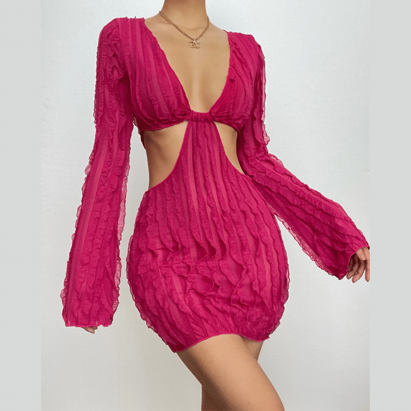 Long Sleeve Textured V Neck Hollow Out Ruffle Cut Out Mini Dress