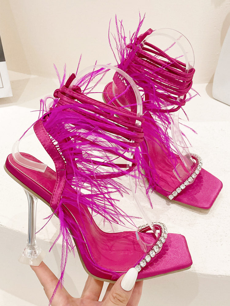 Rhinestone Feather Lace-up Square Toe Sandals