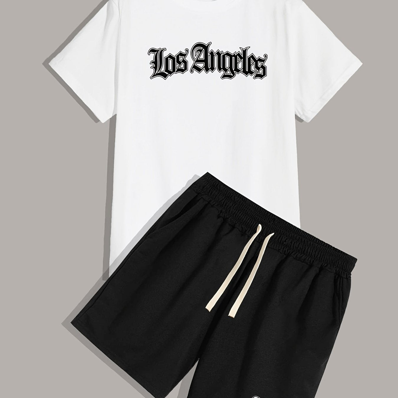 「binfenxie」Los Angeles, Men's 2 Pieces Outfits, Round Neck Short Sleeve T-Shirt And Drawstring Shorts Set