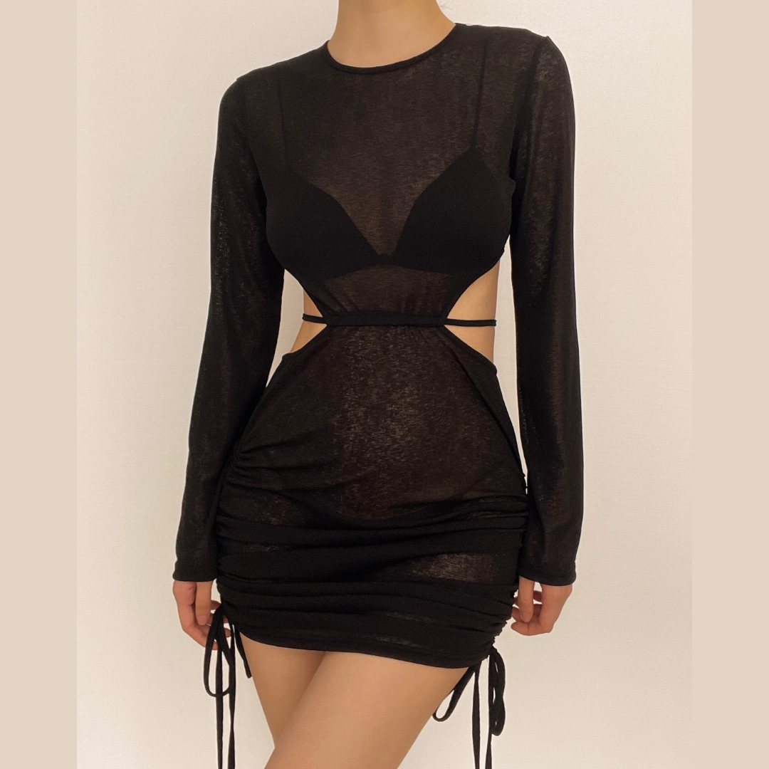 See Through Long Sleeve Ruched Open Back Drawstring Dress