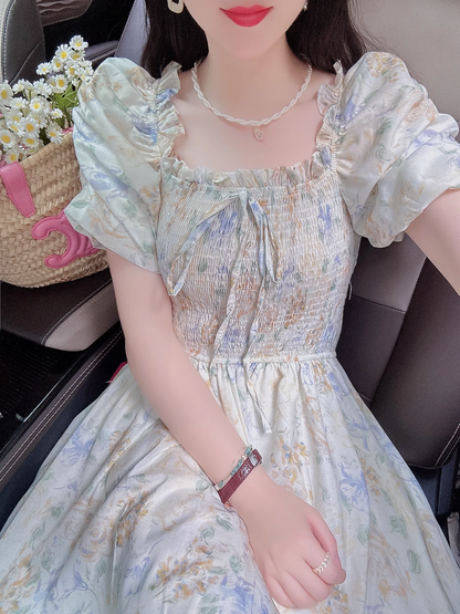 Puff Sleeve Bow Tie Chiffon Floral Long Dress HOT1565