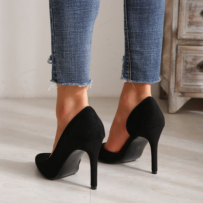 Women Black Suede Pointed Toe High Heels Cut Out Stiletto High Heel Pumps