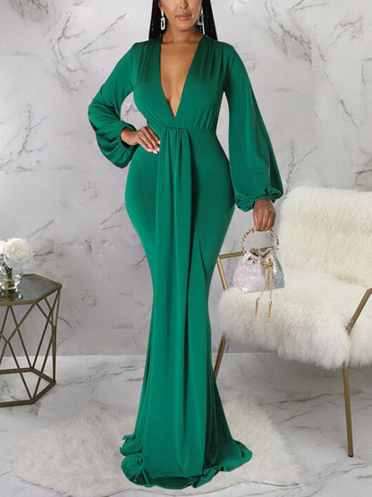 Deep V Neck Evening Maxi Dress