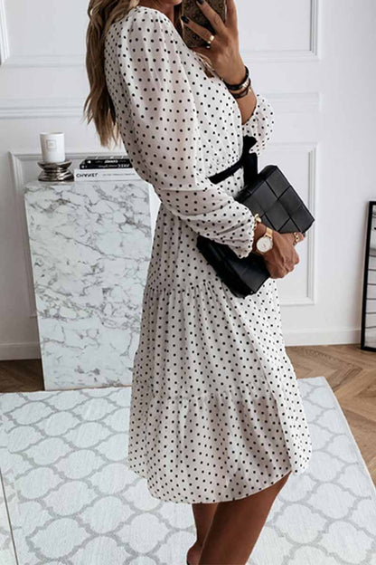 binfenxie - Elegant White Black Dot Print Round Neck Tie Midi Dress