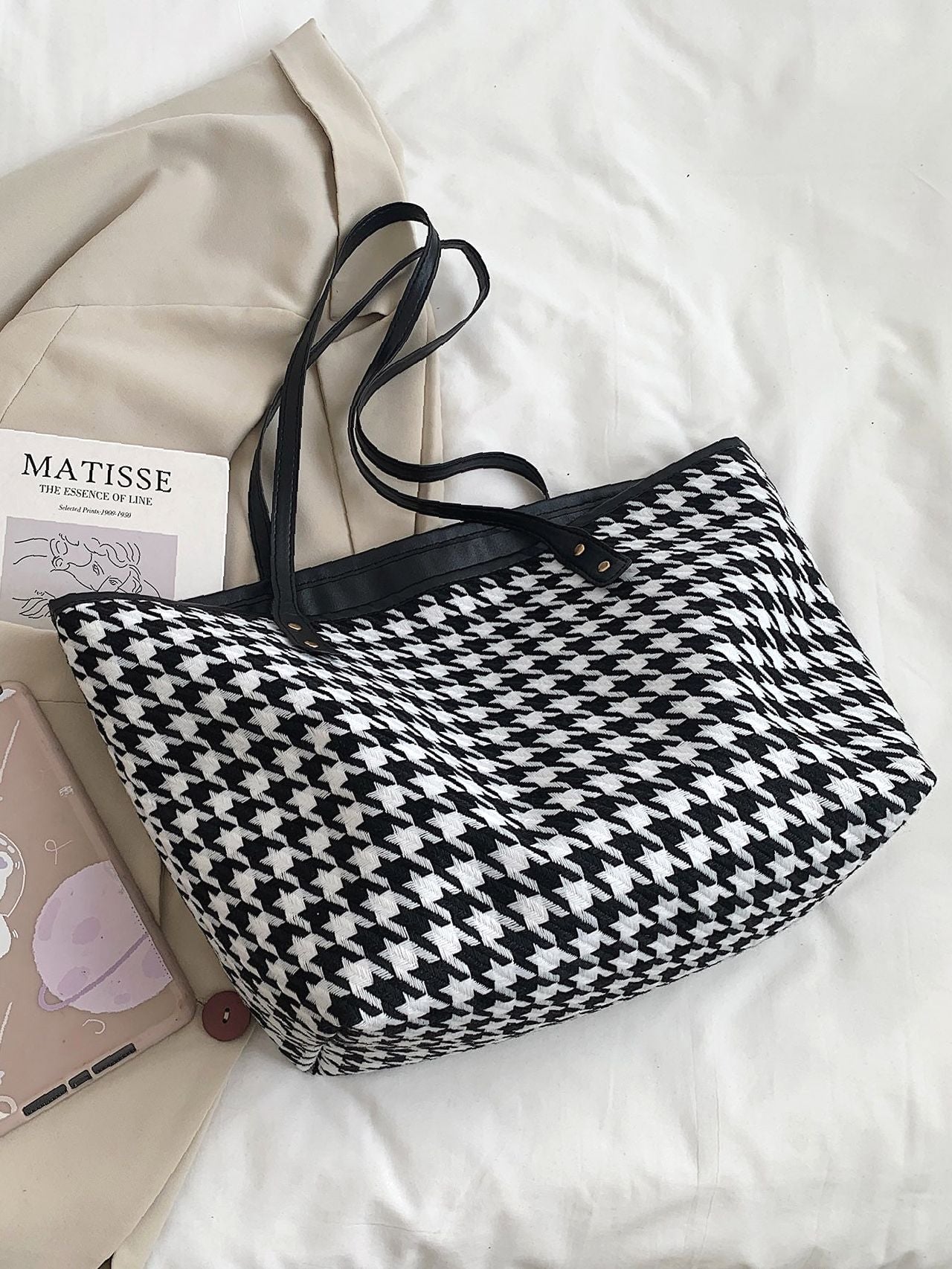 binfenxie - Houndstooth Pattern Shoulder Tote Bag  - Women Tote Bags