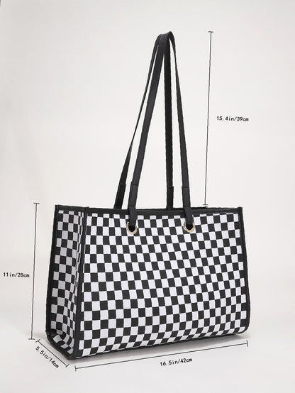 binfenxie - Colorblock Plaid Shoulder Tote Bag  - Women Tote Bags