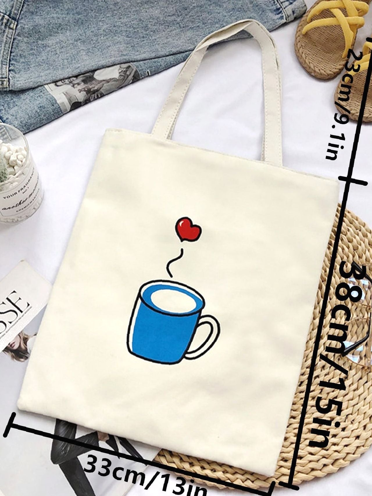 binfenxie - Heart & Cup Print Shopper Bag  - Women Tote Bags