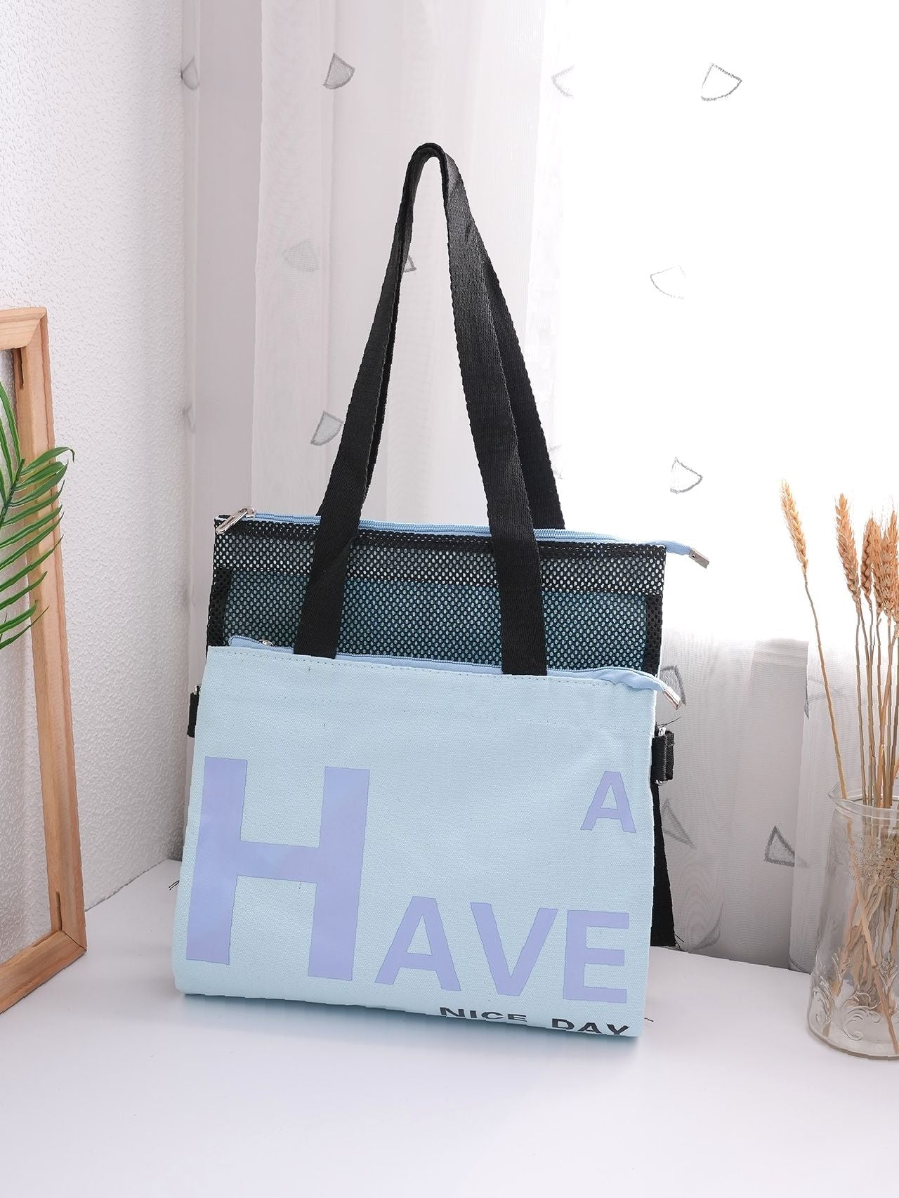 binfenxie - Slogan Graphic Mesh Panel Shoulder Tote Bag  - Women Tote Bags