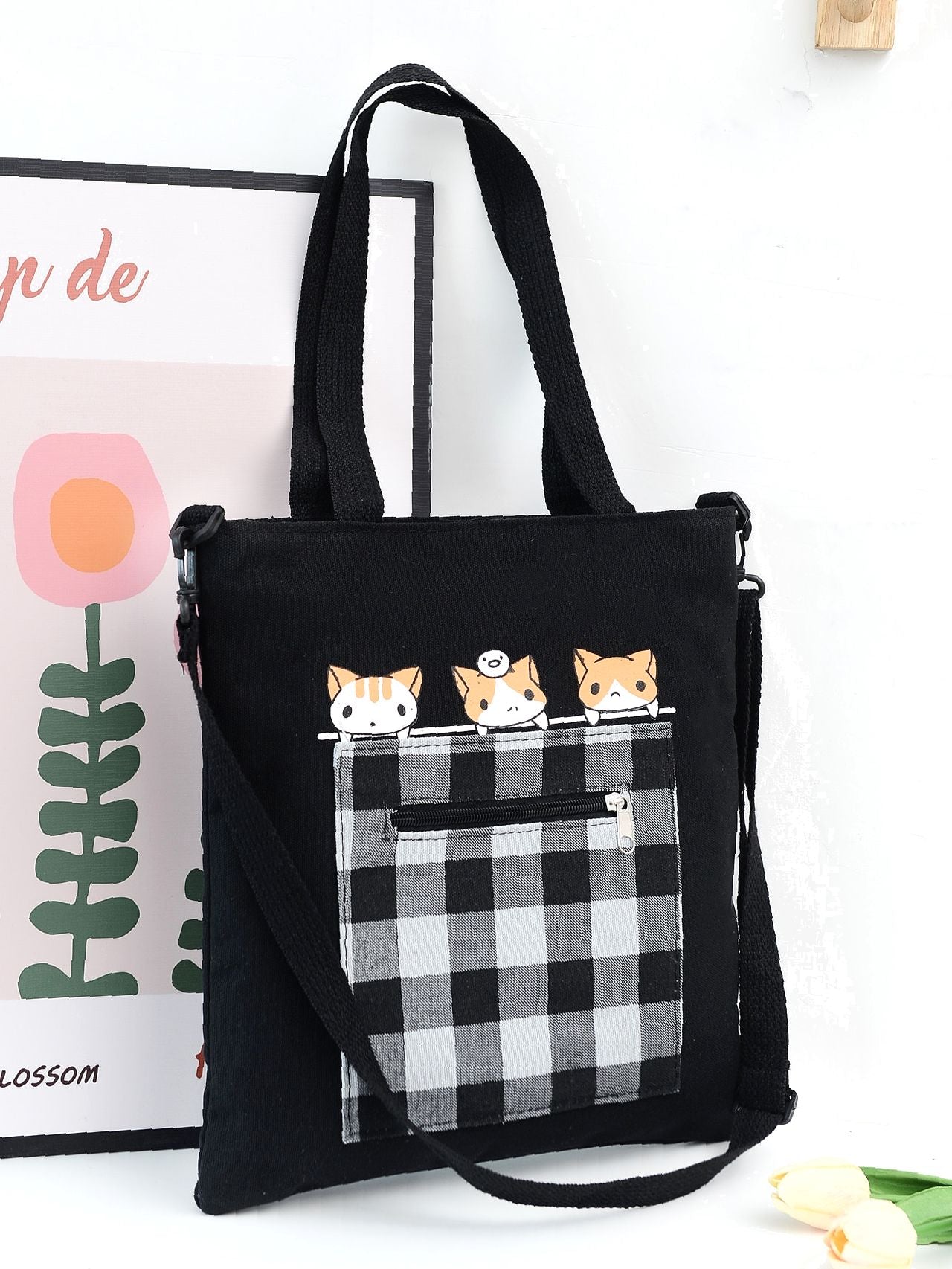 binfenxie - Cartoon & Plaid Pattern Tote Bag  - Women Tote Bags