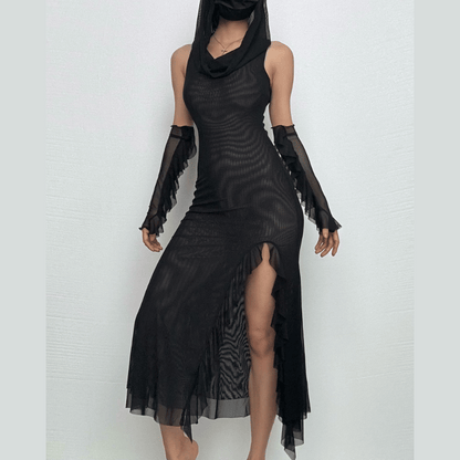 Sleeveless Solid Mesh Slit Gloves Hoodie Midi Dress