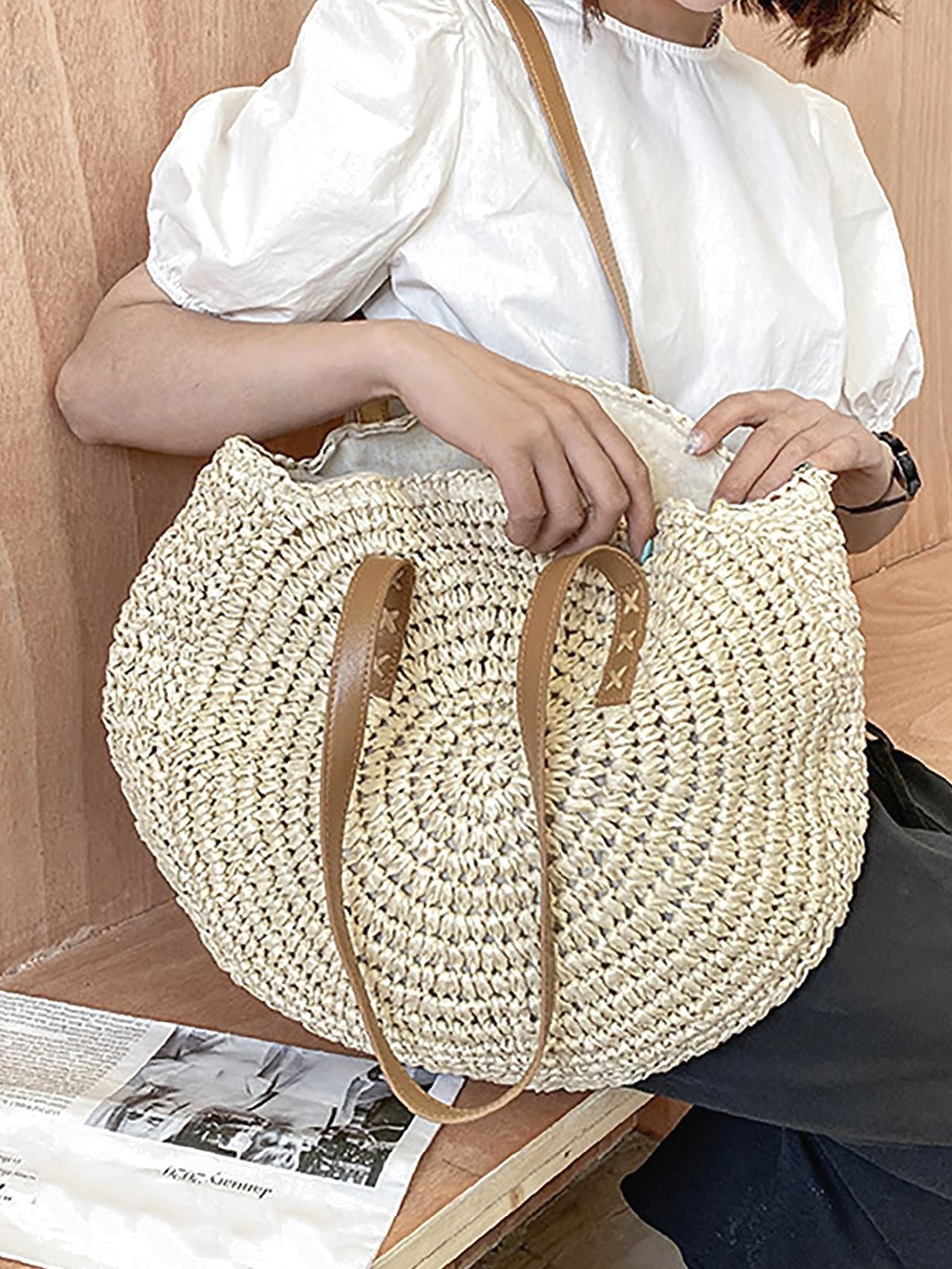 binfenxie - Circle Straw Shoulder Tote Bag  - Women Tote Bags