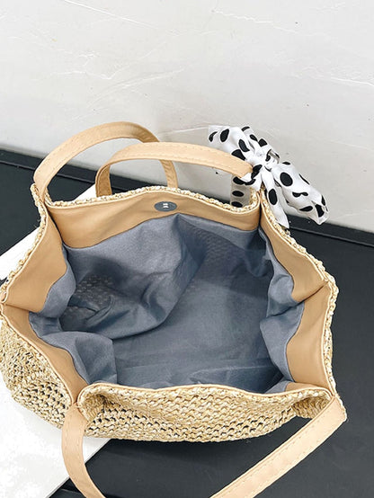 binfenxie - Polka Dot Bow Decor Straw Bag  - Women Tote Bags