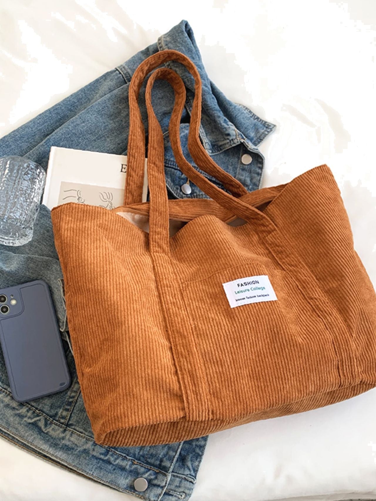 binfenxie - Letter Patch Corduroy Tote Bag  - Women Tote Bags