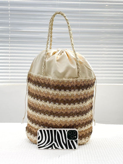 binfenxie - Colorblock Drawstring Decor Straw Bag  - Women Tote Bags