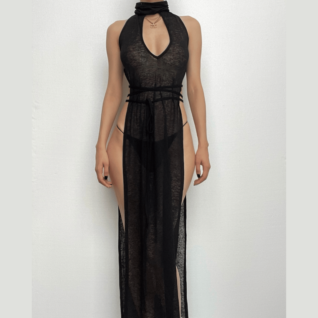 binfenxie Sleeveless Hoodie Low Cut Slit Self Tie Turtle Neck See Through Maxi Dress