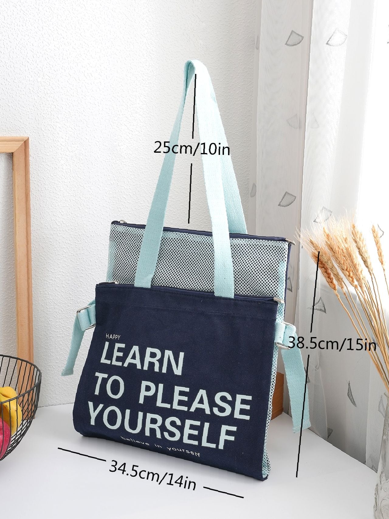 binfenxie - Slogan Graphic Mesh Panel Shoulder Tote Bag  - Women Tote Bags