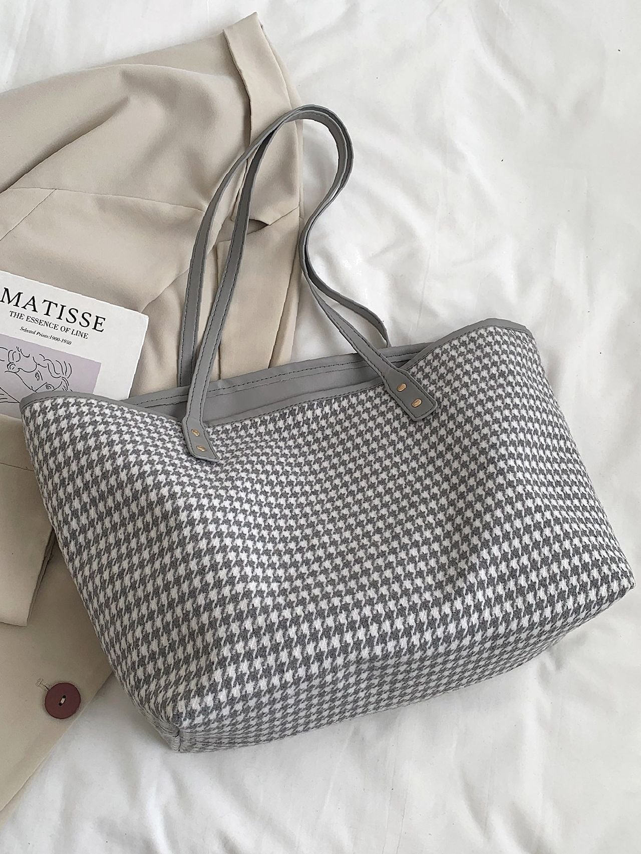 binfenxie - Houndstooth Pattern Shoulder Tote Bag  - Women Tote Bags