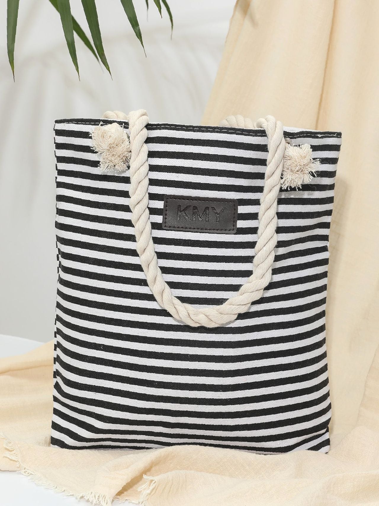 binfenxie - Striped Pattern Patch Decor Shoulder Tote Bag  - Women Tote Bags