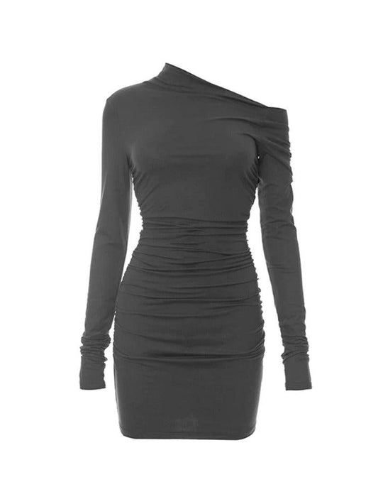 Solid One Shoulder Ruched Long Sleeve Mini Dress